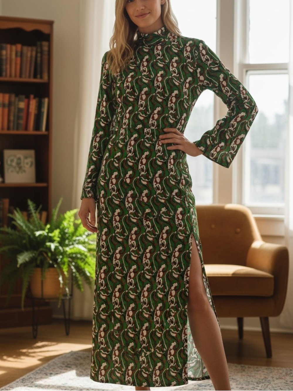 Zara Green Vintage Vibe Retro Print Long Sleeve High Slit Maxi Dress